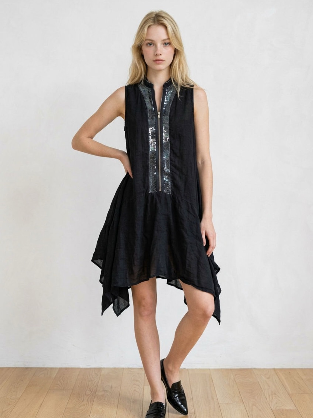 Alessia Pacini Linen Black Sleeveless Sequin-Trim Handkerchief Hem Dress size M